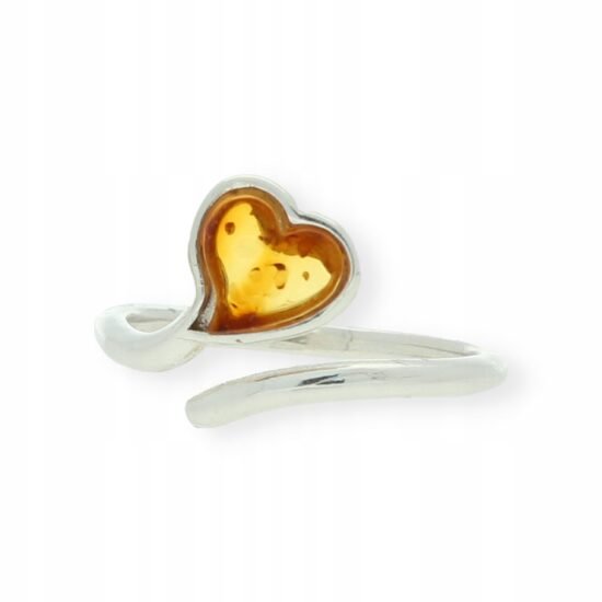 Pierscionek z sercem bursztynowym ze srebra