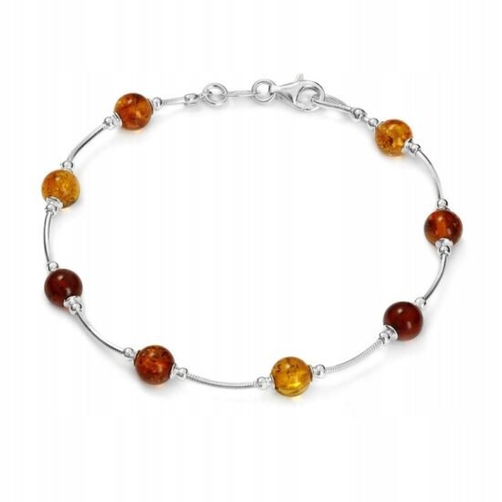 SREBRNA BRANSOLETKA KULKI Z BURSZTYNEM
