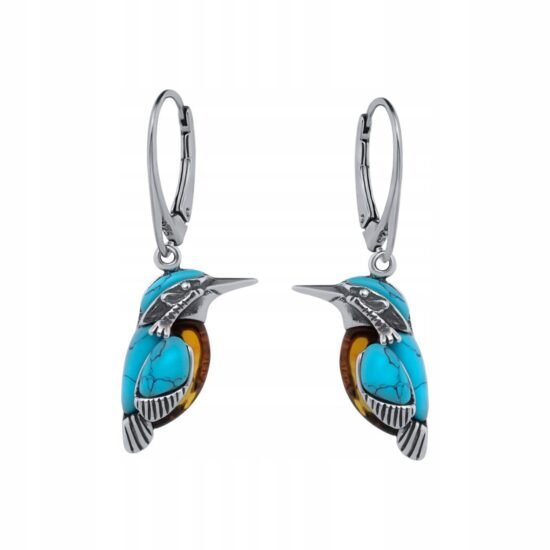 Srebrne kolczyki-zimorodki z bursztynem